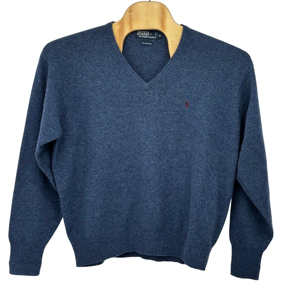 Polo Ralph Lauren Mens XL Blue V Neck Lambswool Sweater Classic Embroidered Pony - Picture 2 of 9